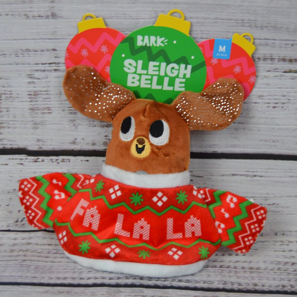BARK BOX SLEIGH BELLE HIDE A TREAT DOG CHEW TOY Squeaker Crinkle Sz M 20-50 Lbs